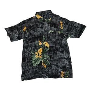 Caribbean Joe Button Shirt Men's Large Black Floral 100% Rayon Hawaii Tropical